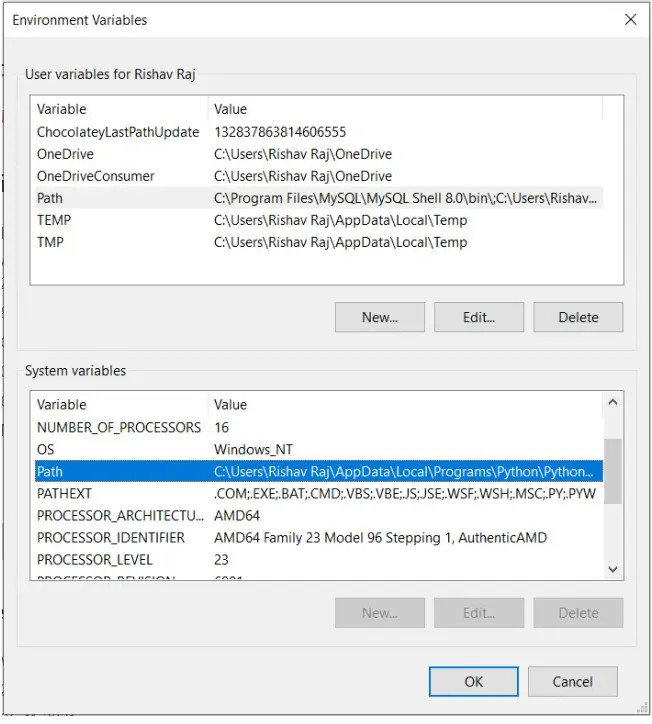 Selección de la ruta de Python en la configuración de variables de entorno