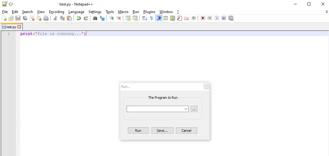 La finestra del programma da eseguire in Notepad++