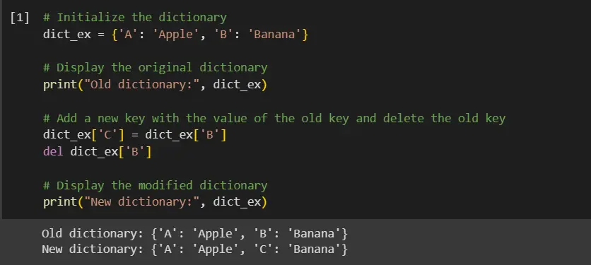 change the key in a dictionary in python - output 1