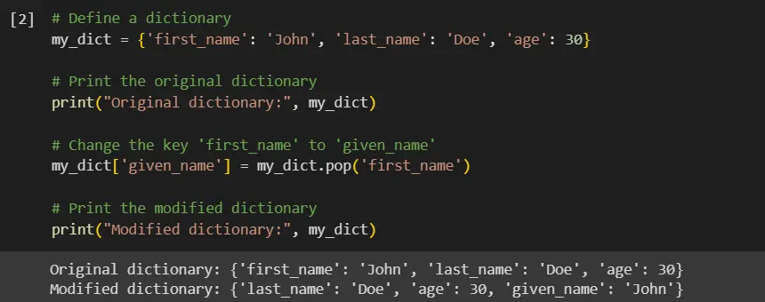 change the key in a dictionary in python - output 2