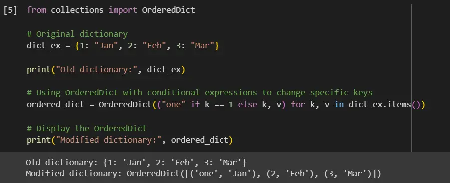 change the key in a dictionary in python - output 5