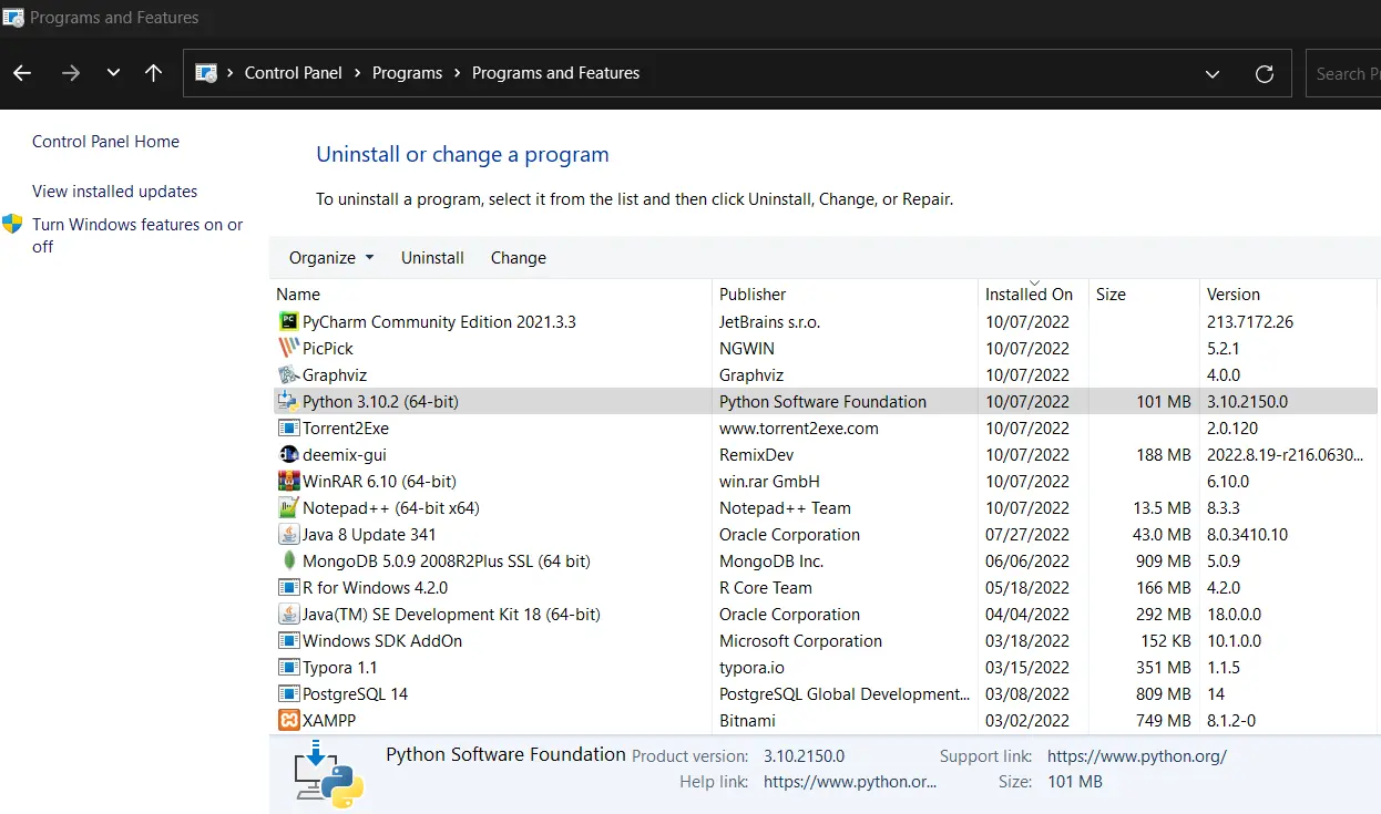 check if python is installed using control panel 3