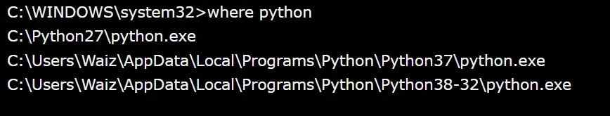 check if python is installed using where