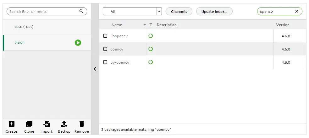 conda install cv2 using anaconda navigator step4