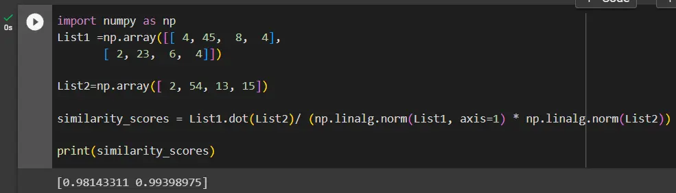 cosine similarity python using numpy library 2