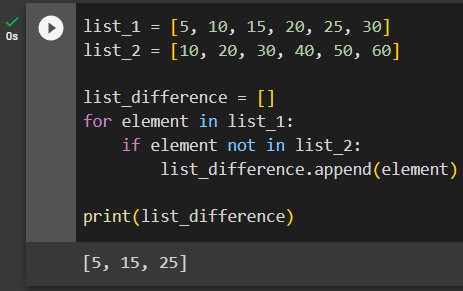 difference between two lists python using in keyword