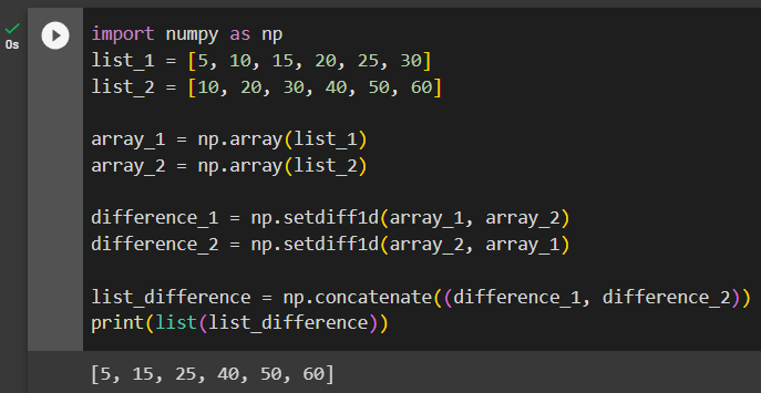 difference between two lists python using numpy library