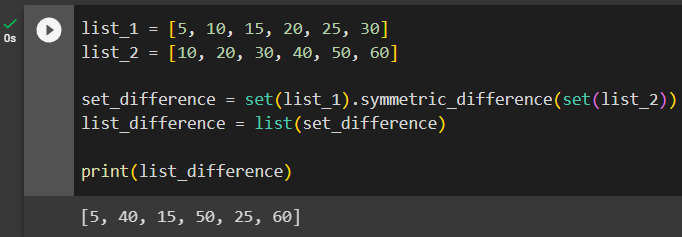 difference between two lists python using set.symmetric_difference method