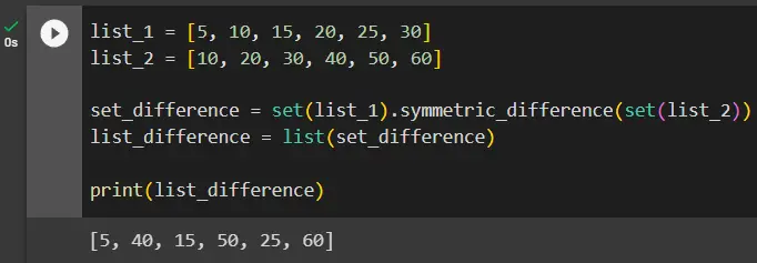 difference between two lists python using set.symmetric_difference method