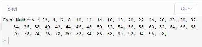 even numbers using the list comprehension method in python