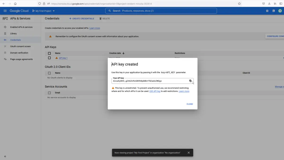 Google Cloud - API キーが作成されました