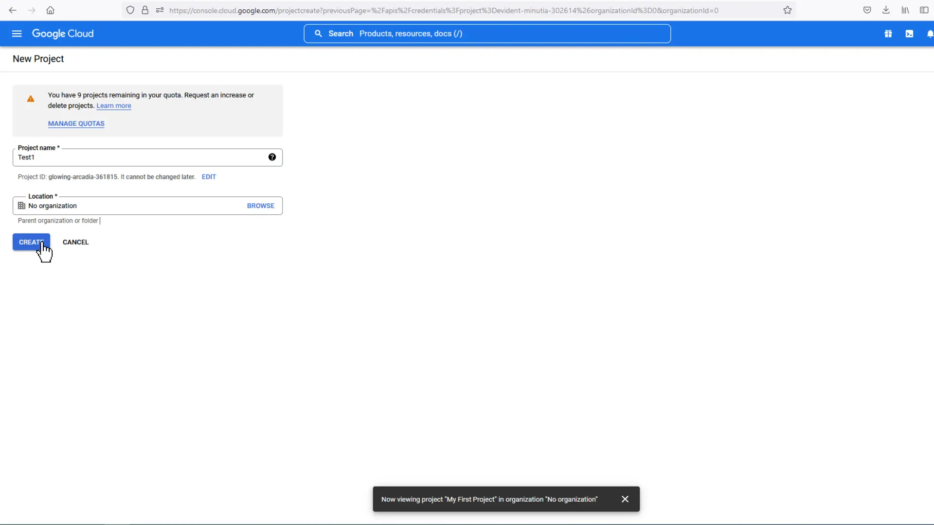 Google Cloud - Click Create