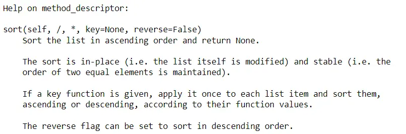 help text for the sort method on the list