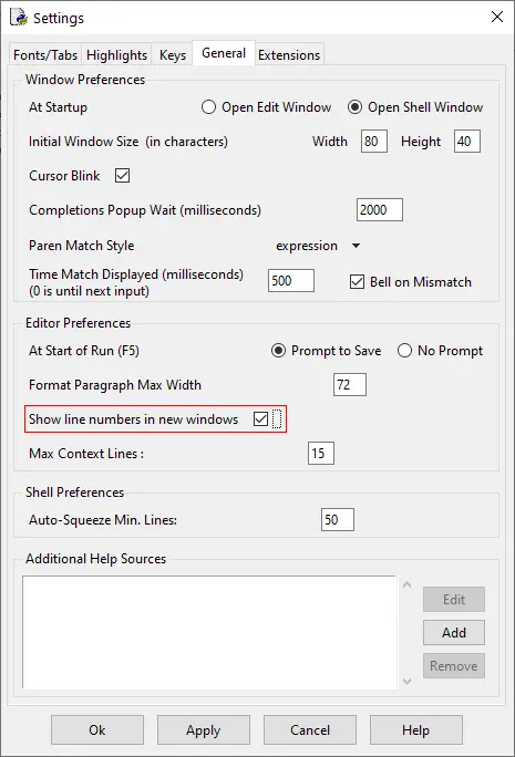 Python Idle Line Numbers - Settings