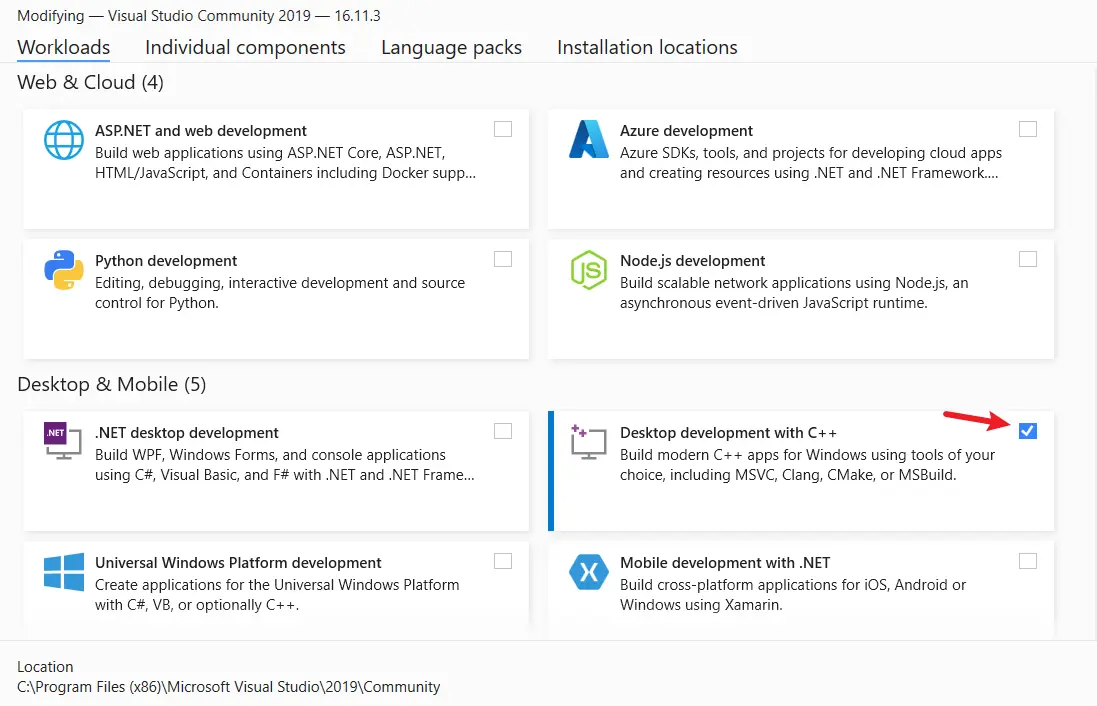 Install Desktop Development With C++