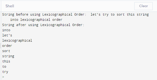 lexicographical order in python using string with sort() and split()