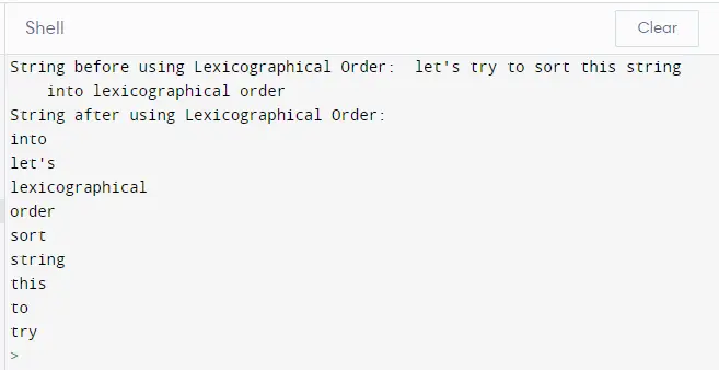 Lexikografische Reihenfolge in Python mit String mit sort() und split()