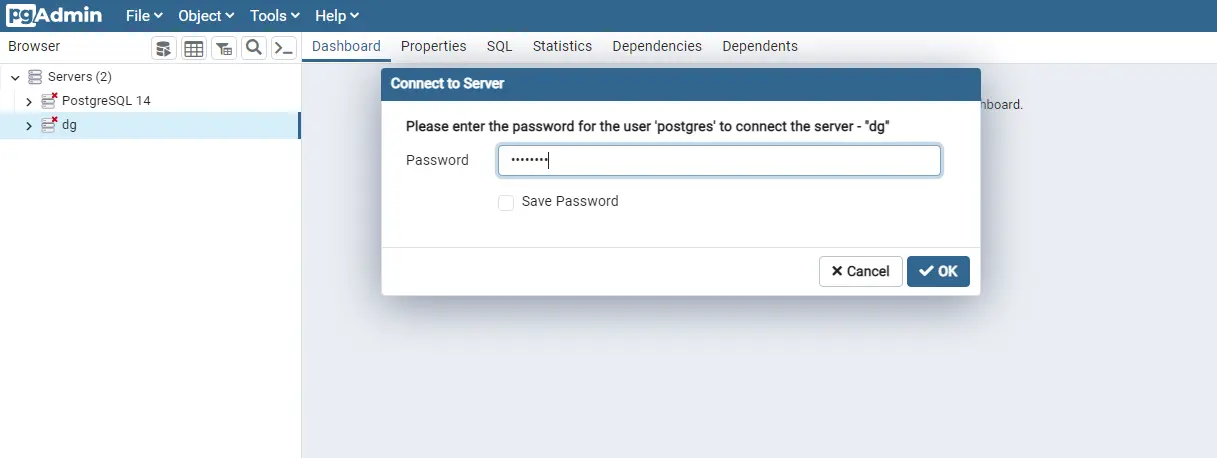 Input Master Password in pgAdmin