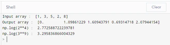 natural log in python example in NumPy