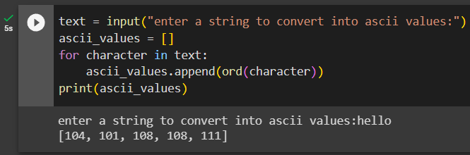 python string to ascii using for loop