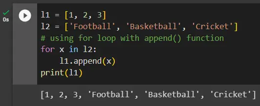 python append list to another list using for loop