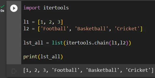 python append list to another list using itertools.chain