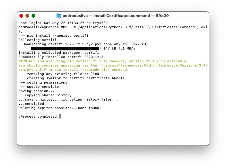 python install ssl certificate warning