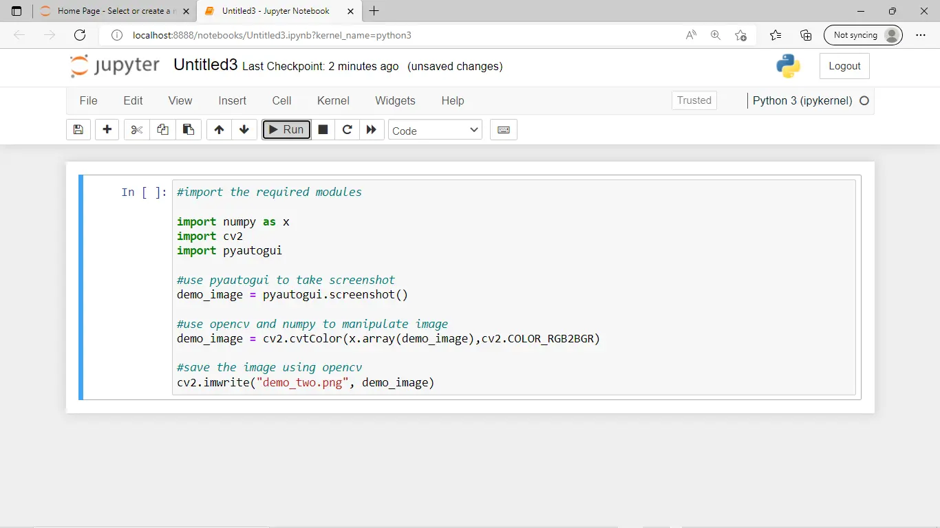 Captura de pantalla de Python usando Pyautogui Numpy y OpenCV Output