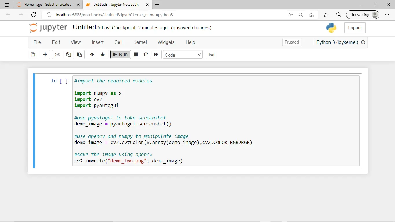 Pyautogui Numpy 및 OpenCV 출력을 사용한 Python 스크린샷