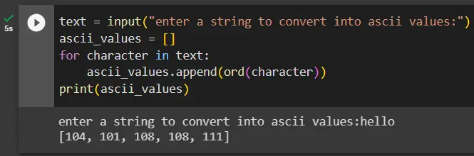 python string to ascii using for loop