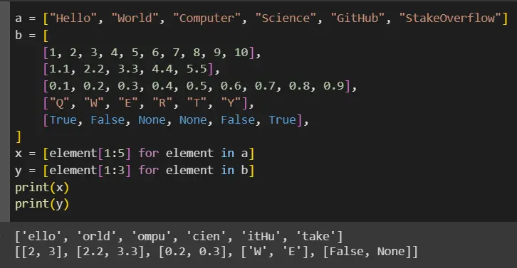 python subarray - slicing 2