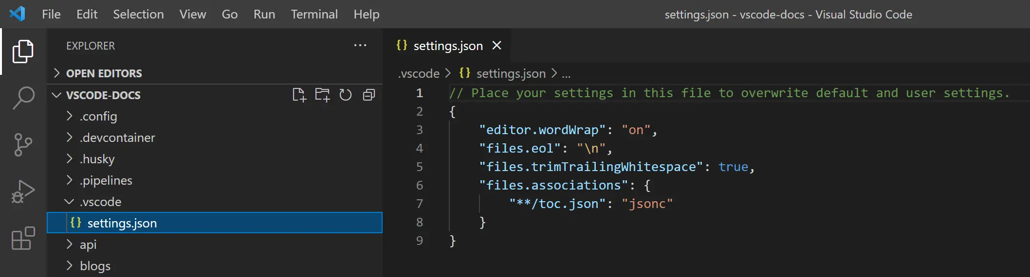 Workspace settings.json-Speicherort