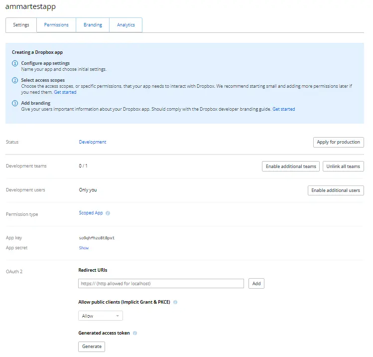dropbox create app generiert token