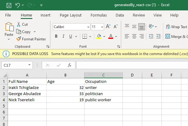 Configurar el componente React para exportar datos a Excel