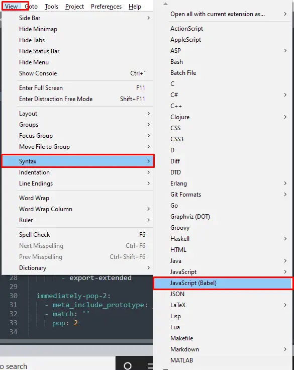 Aktivierungssyntax in sublime