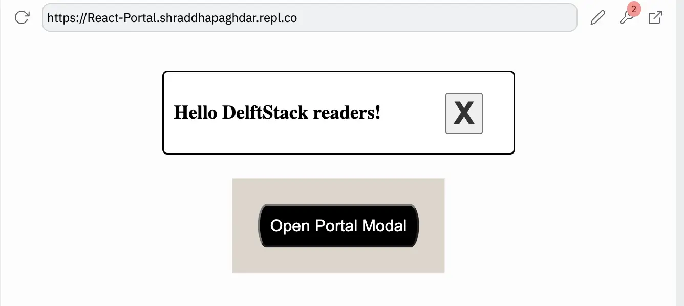 modal opens and appears outside the root element when the user clicks the button