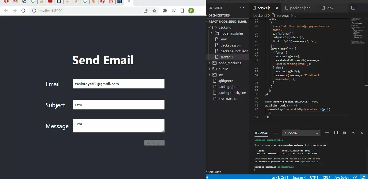 Reaccionar Enviar correo electrónico con Expressjs y Mailgun