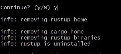 Confirmar la desinstalación de Rustup