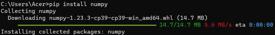 Install numpy using pip command