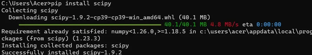 Install scipy using pip command