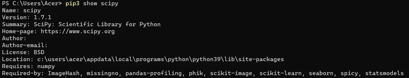 Windows Terminal - pip3 show scipy