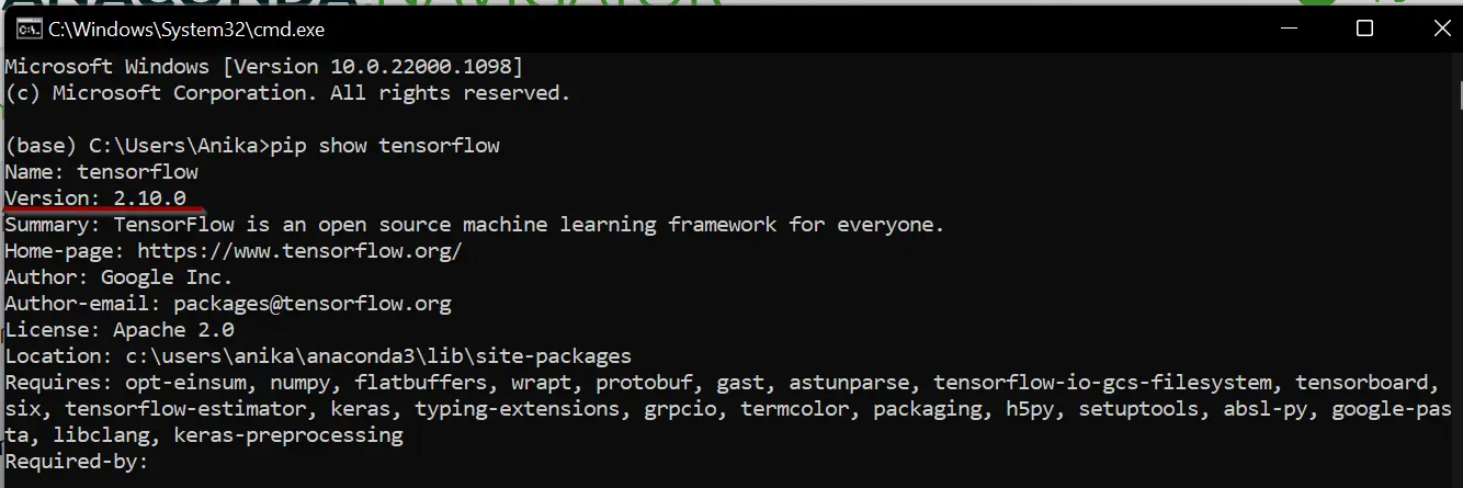 Check tensorflow version via the command prompt