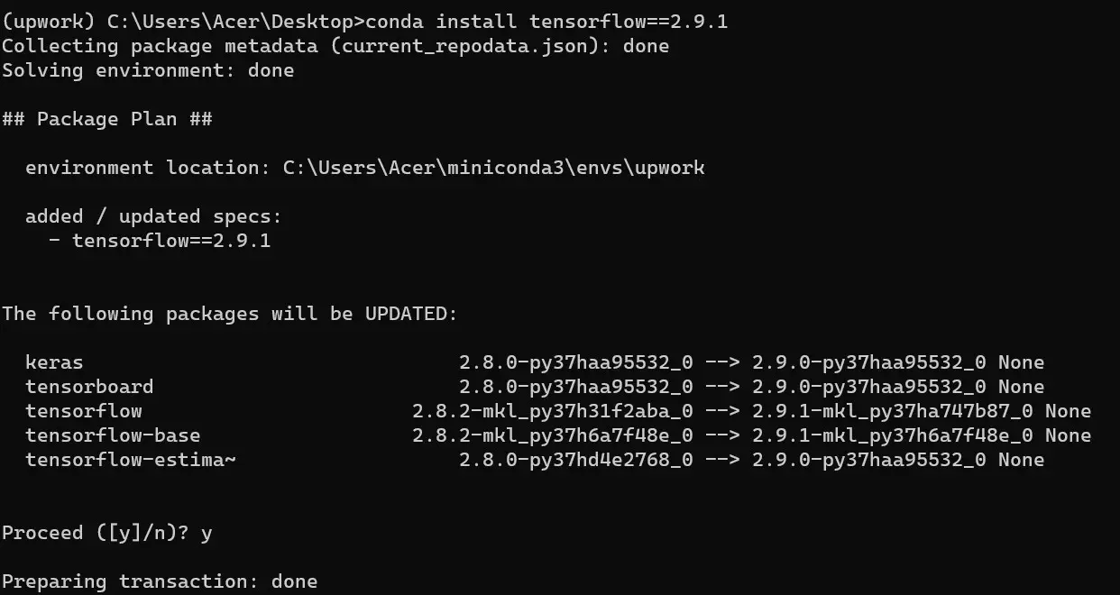 TensorFlow actualizado a una versión específica