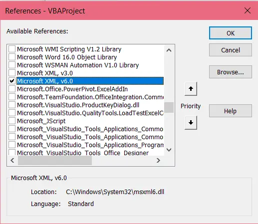 Microsoft XML V6.0 リファレンスを追加