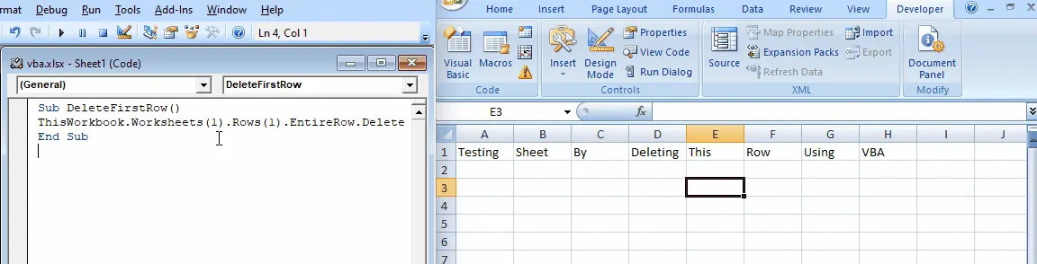 deleting first row using the VBA code