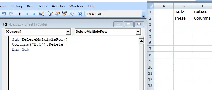 eliminar varias columnas usando la función de columnas en el código VBA
