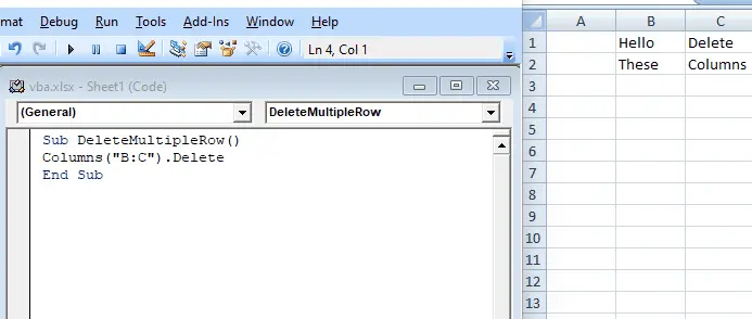 VBA コードで列関数を使用して複数の列を削除