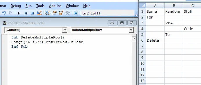 VBA コードを使用した複数行の削除