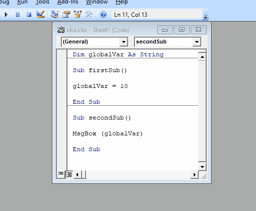 VBA の 2つの異なるサブで使用し、firstSub から値を取得するグローバル変数