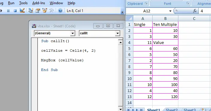 VBA でセル メソッドを使用してセルから値を読み取る